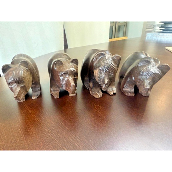 Vintage MCM Hand Carved Mexico Ironwood BROWN BEAR Grizzly Figurines family of 4 - Picture 1 of 13
